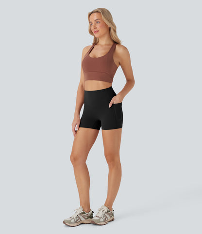 High Waisted Tummy Control Pocket Shaping Training Biker Shorts 3''