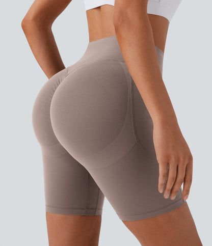 High Waisted Scrunch Butt Lifting Tummy Control Side Pocket Shaping Workout Biker Shorts 7''