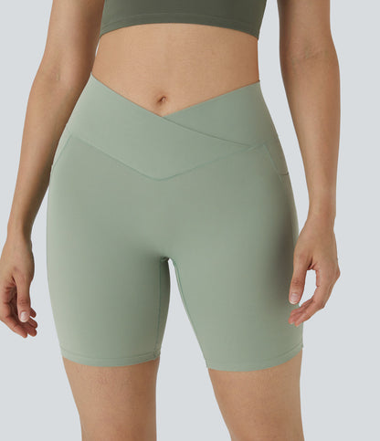 High Waisted Crossover Pocket Yoga Biker Shorts 7"-UPF50+