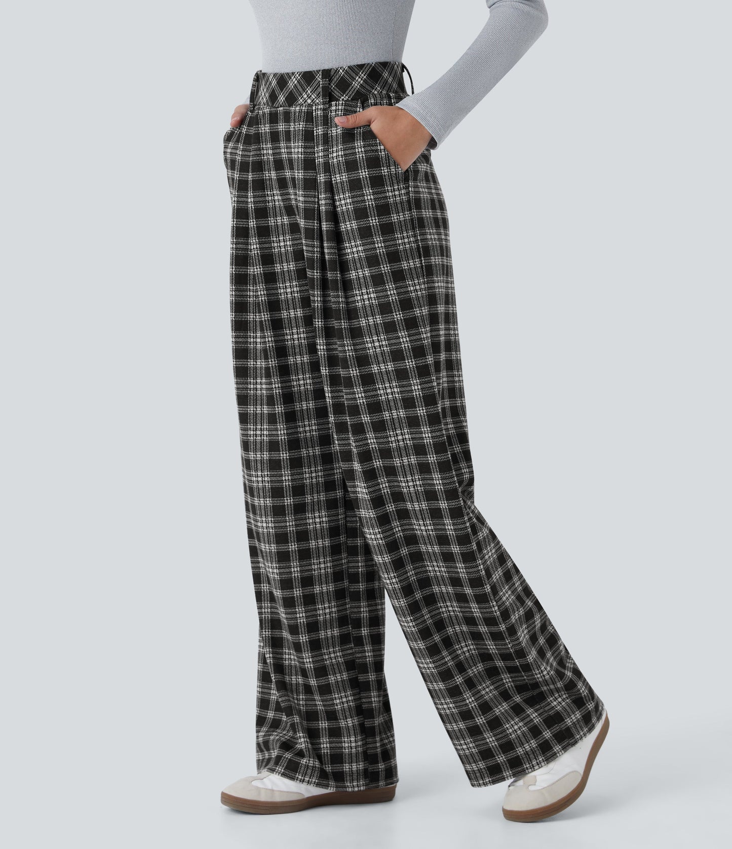High Waisted Pocket Wide Leg Houndstooth Plaid Casual Pants