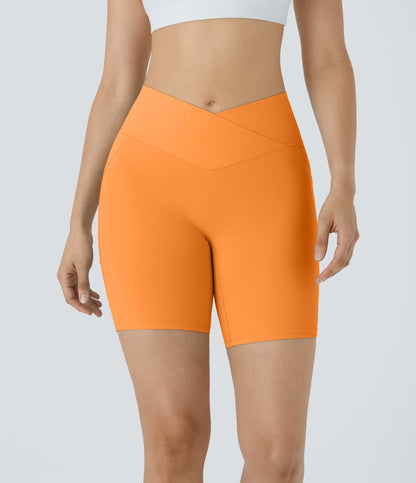 High Waisted Crossover Pocket Yoga Biker Shorts 7"-UPF50+