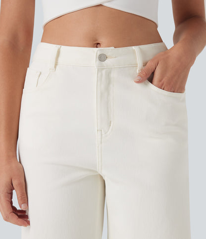 High Waisted Pockets Rolled Hem Washed Denim Casual Bermuda Shorts
