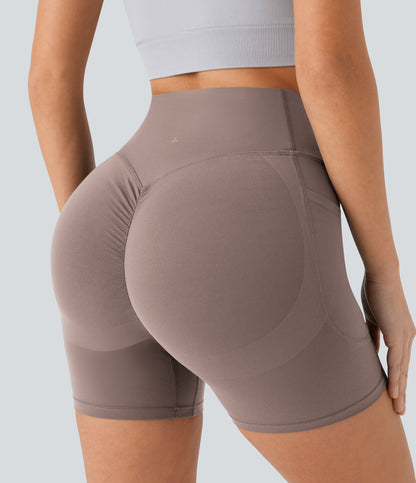 High Waisted Scrunch Butt Lifting Tummy Control Side Pocket Shaping Workout Biker Shorts 5''