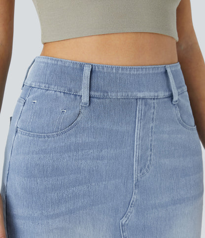 High Waisted Pockets Bodycon Washed Denim Casual Midi Skirt