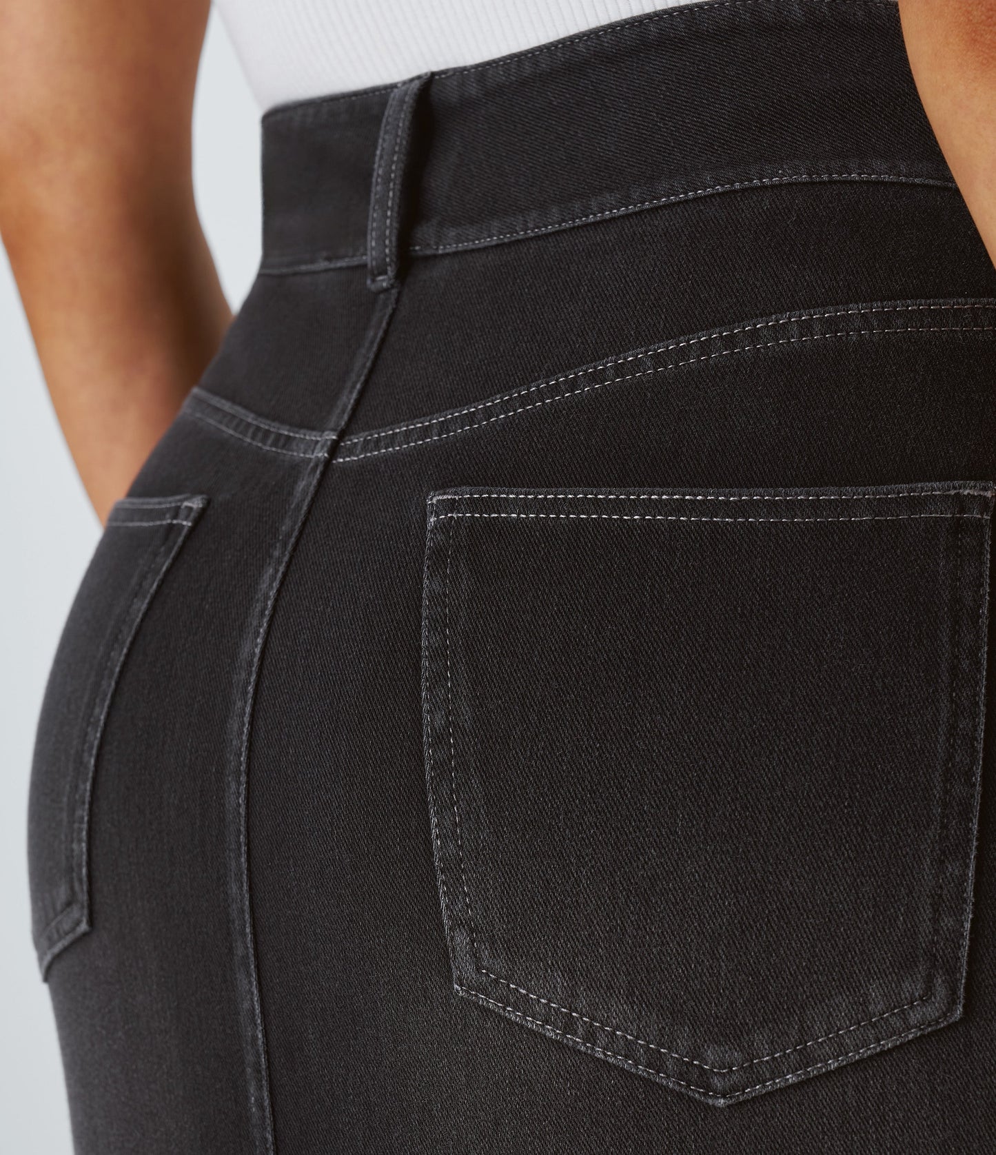 High Waisted Pockets Bodycon Washed Denim Casual Midi Skirt
