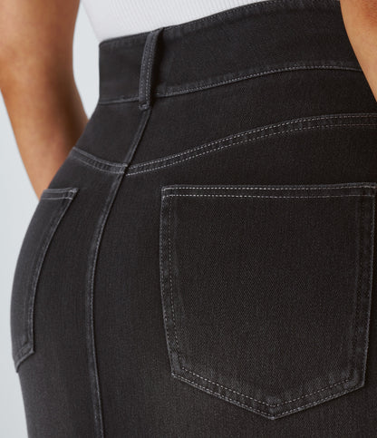 High Waisted Pockets Bodycon Washed Denim Casual Midi Skirt
