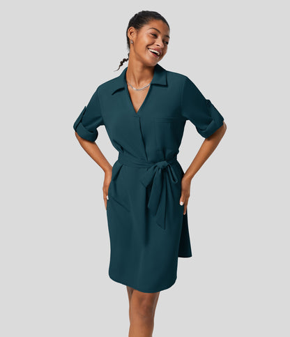 Roll Up Sleeve Belted Relaxed Work Shirt Dress