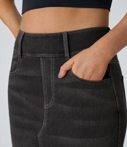 High Waisted Pockets Bodycon Washed Denim Casual Midi Skirt