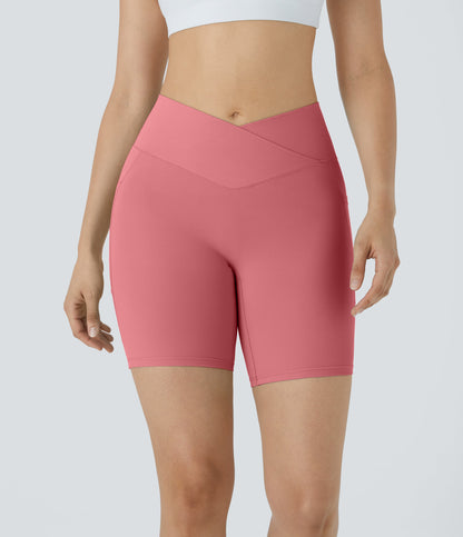 High Waisted Crossover Pocket Yoga Biker Shorts 7"-UPF50+
