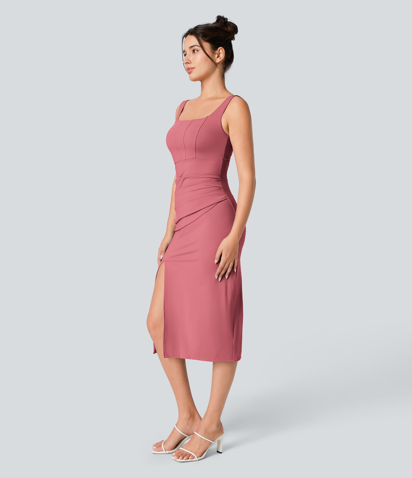 Square Neck Backless Corset Ruched Split Bodycon Midi Cool Touch Bridesmaid and Wedding Guest Dress