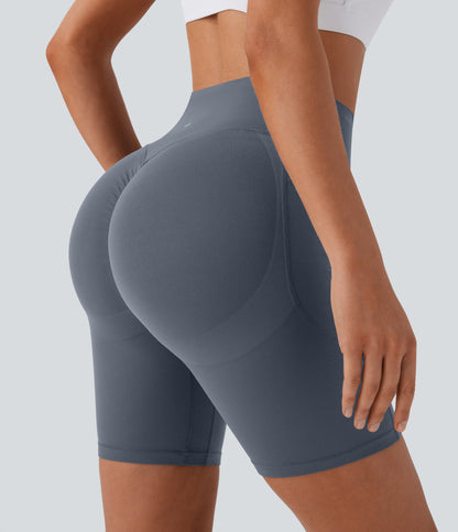 High Waisted Scrunch Butt Lifting Tummy Control Side Pocket Shaping Workout Biker Shorts 7''