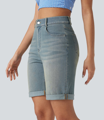 High Waisted Pockets Rolled Hem Washed Denim Casual Bermuda Shorts