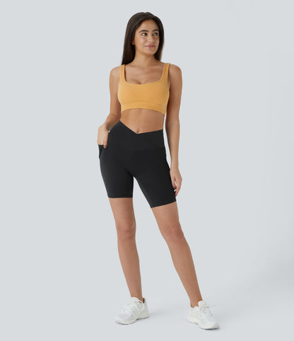 High Waisted Crossover Pocket Yoga Biker Shorts 7"-UPF50+