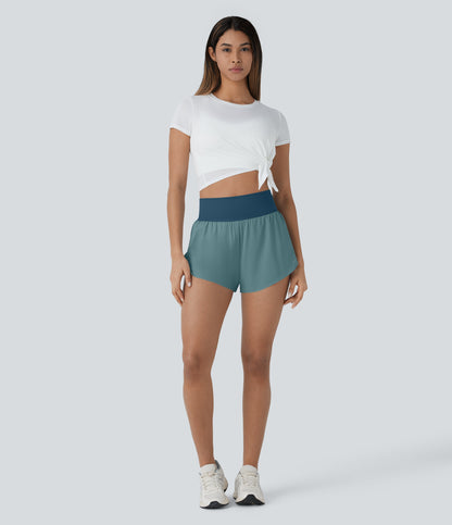 QuickDry High Waisted Reflective Dots Crossover Hem 2-in-1 Pockets Running Shorts