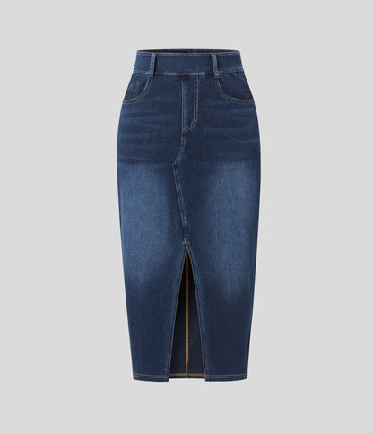 High Waisted Pockets Bodycon Washed Denim Casual Midi Skirt