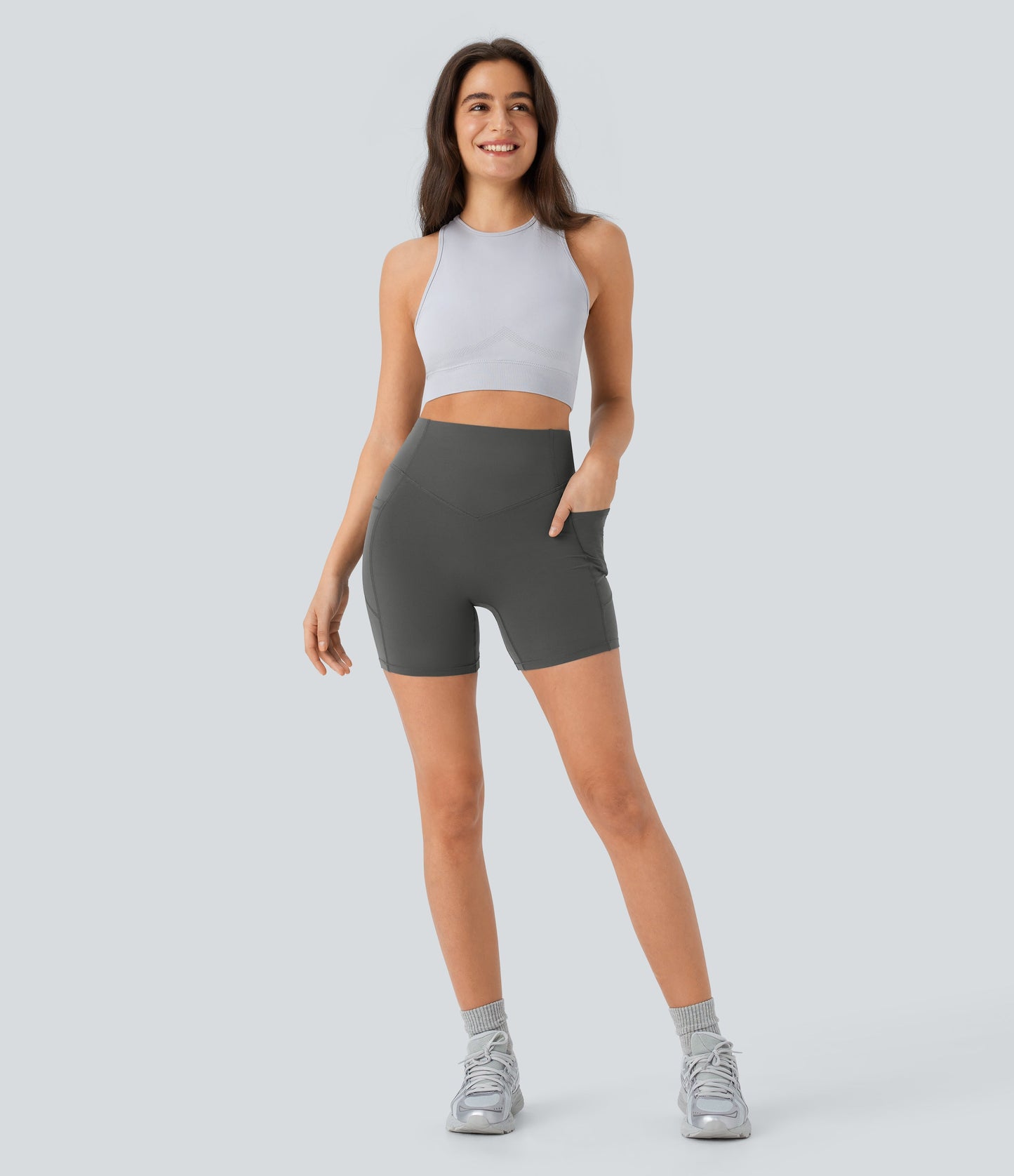 High Waisted Scrunch Butt Lifting Tummy Control Side Pocket Shaping Workout Biker Shorts 5''