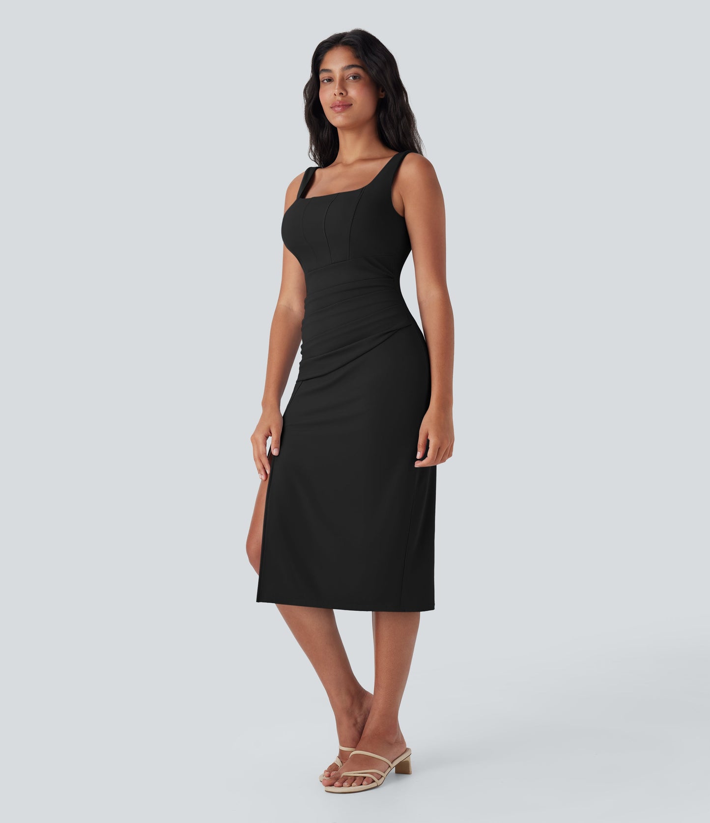 Square Neck Corset Ruched Bodycon Midi Cool Touch Dress-D/DD/DDD/F Cups