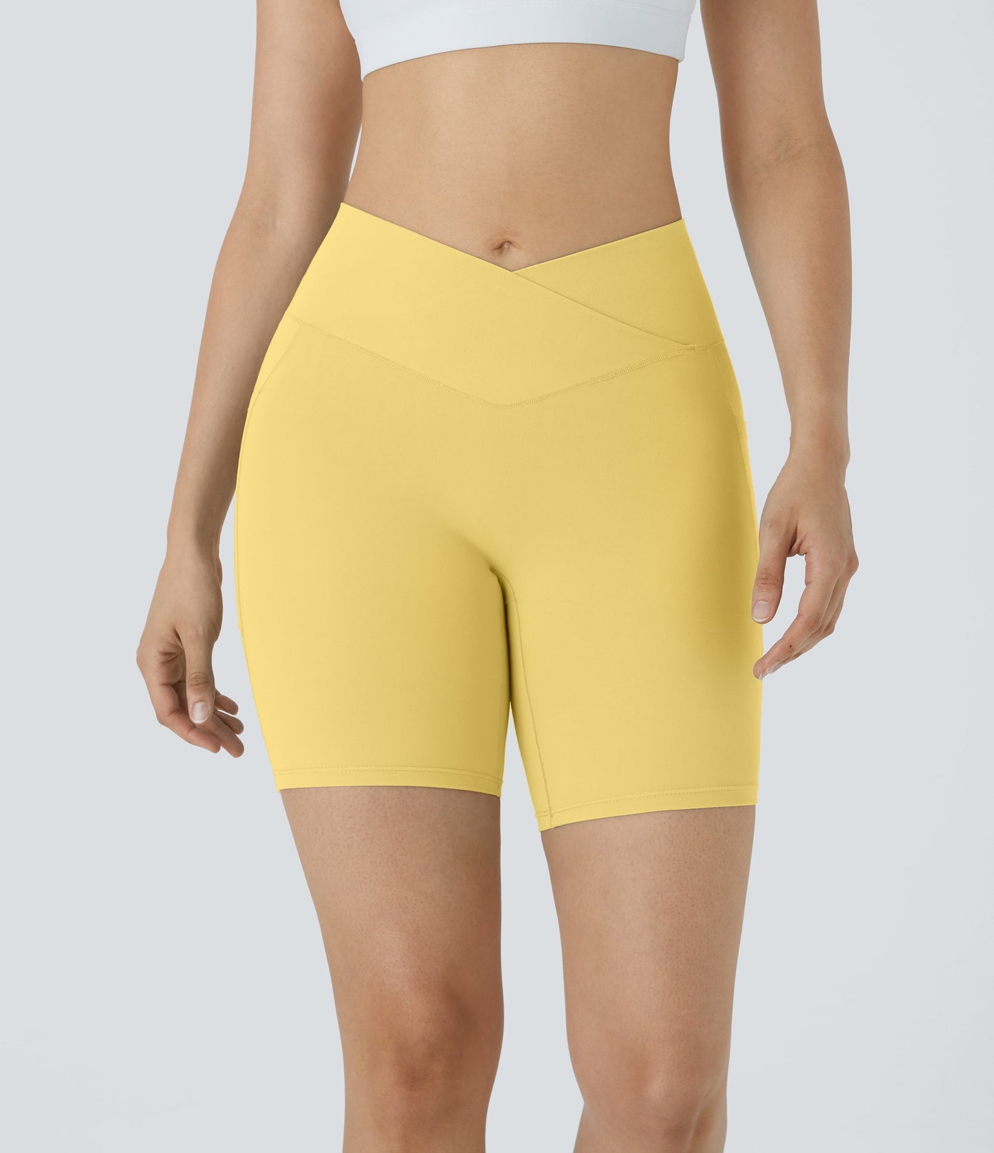 High Waisted Crossover Pocket Yoga Biker Shorts 7"-UPF50+