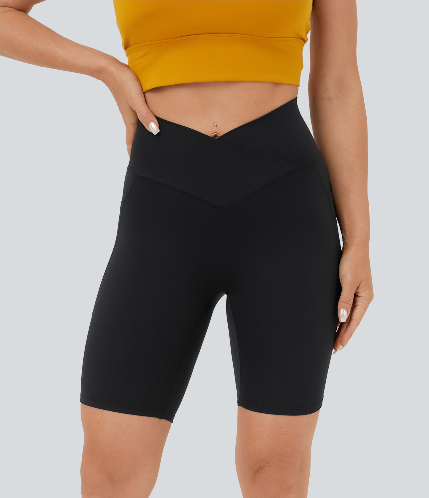 High Waisted Crossover Pocket Yoga Biker Shorts 7"-UPF50+