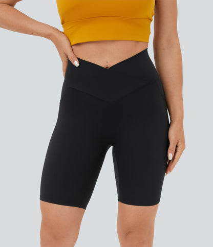 High Waisted Crossover Pocket Yoga Biker Shorts 7"-UPF50+