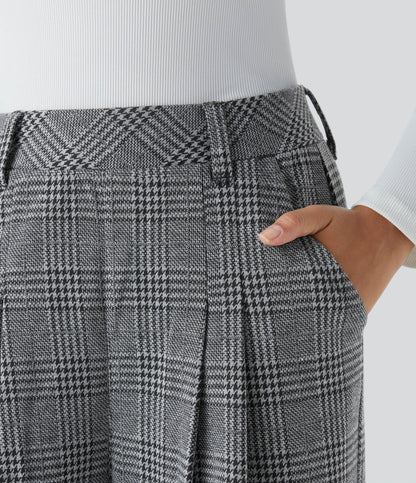 High Waisted Pocket Wide Leg Houndstooth Plaid Casual Pants