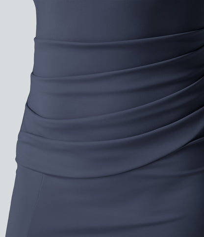 Square Neck Backless Corset Ruched Split Bodycon Midi Cool Touch Bridesmaid and Wedding Guest Dress