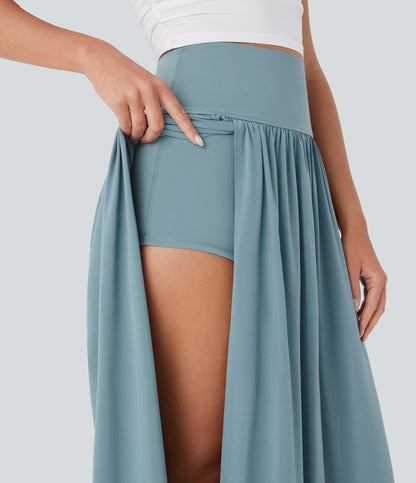 High Waisted Tummy Control 2-in-1 Flowy Quick Dry Maxi Skirt