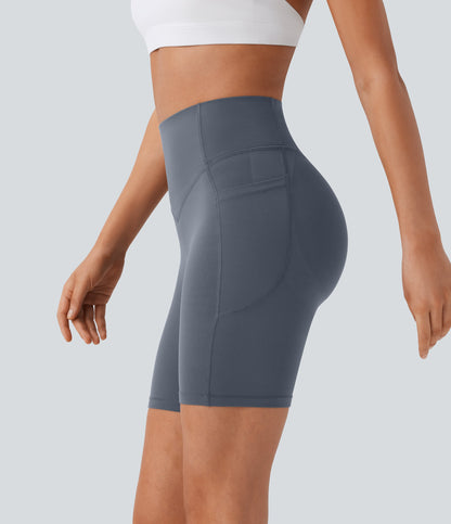 High Waisted Scrunch Butt Lifting Tummy Control Side Pocket Shaping Workout Biker Shorts 7''