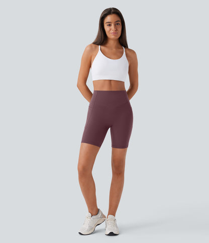 High Waisted Scrunch Butt Lifting Tummy Control Side Pocket Shaping Workout Biker Shorts 7''