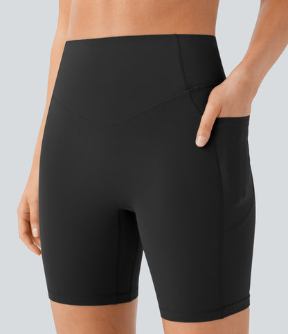 High Waisted Scrunch Butt Lifting Tummy Control Side Pocket Shaping Workout Biker Shorts 7''