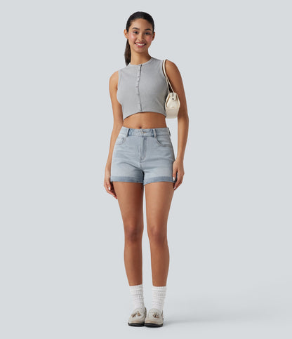 Mid Rise Zipper Pockets Denim Casual Shorts 3''