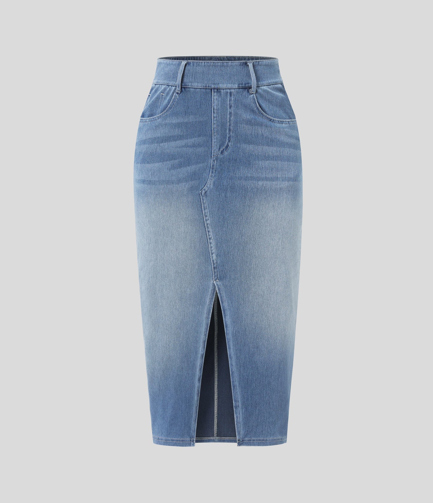 High Waisted Pockets Bodycon Washed Denim Casual Midi Skirt