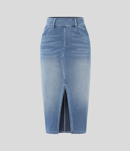 High Waisted Pockets Bodycon Washed Denim Casual Midi Skirt