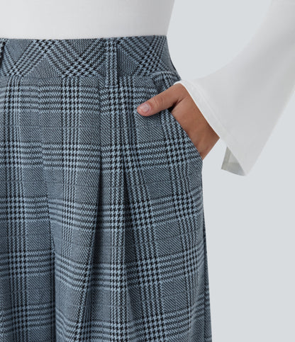 High Waisted Pocket Wide Leg Houndstooth Plaid Casual Pants