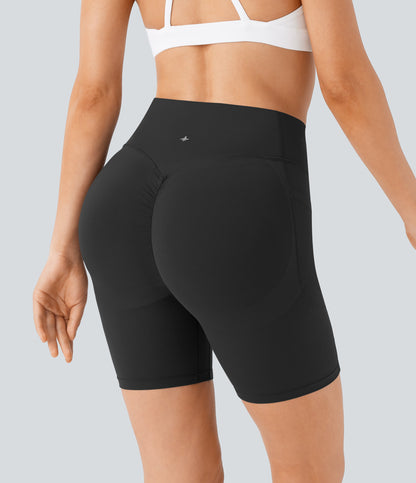 High Waisted Scrunch Butt Lifting Tummy Control Side Pocket Shaping Workout Biker Shorts 7''