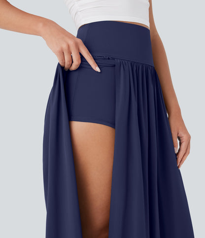 High Waisted Tummy Control 2-in-1 Flowy Quick Dry Maxi Skirt