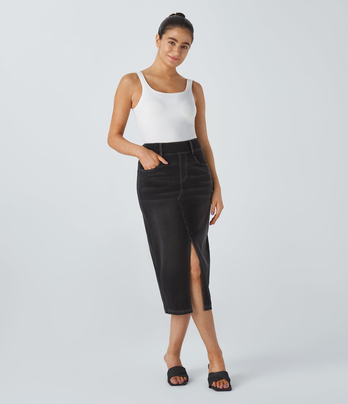 High Waisted Pockets Bodycon Washed Denim Casual Midi Skirt