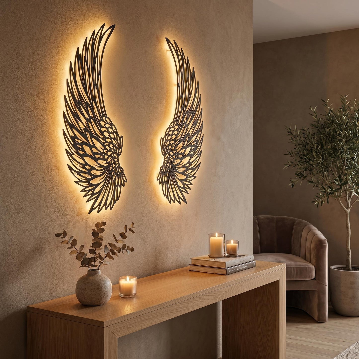 Illuminated Black Metal Angel Wings Wall Decor