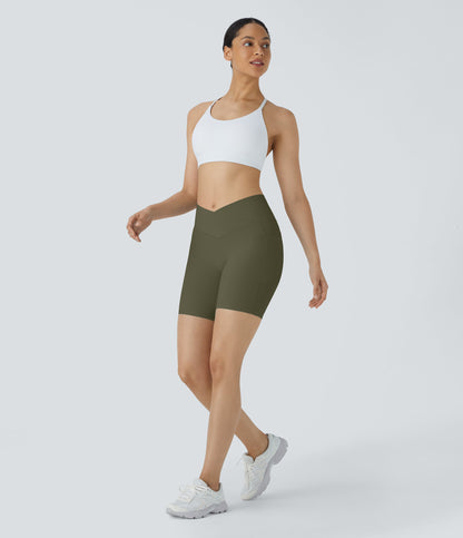 High Waisted Crossover Pocket Yoga Biker Shorts 7"-UPF50+