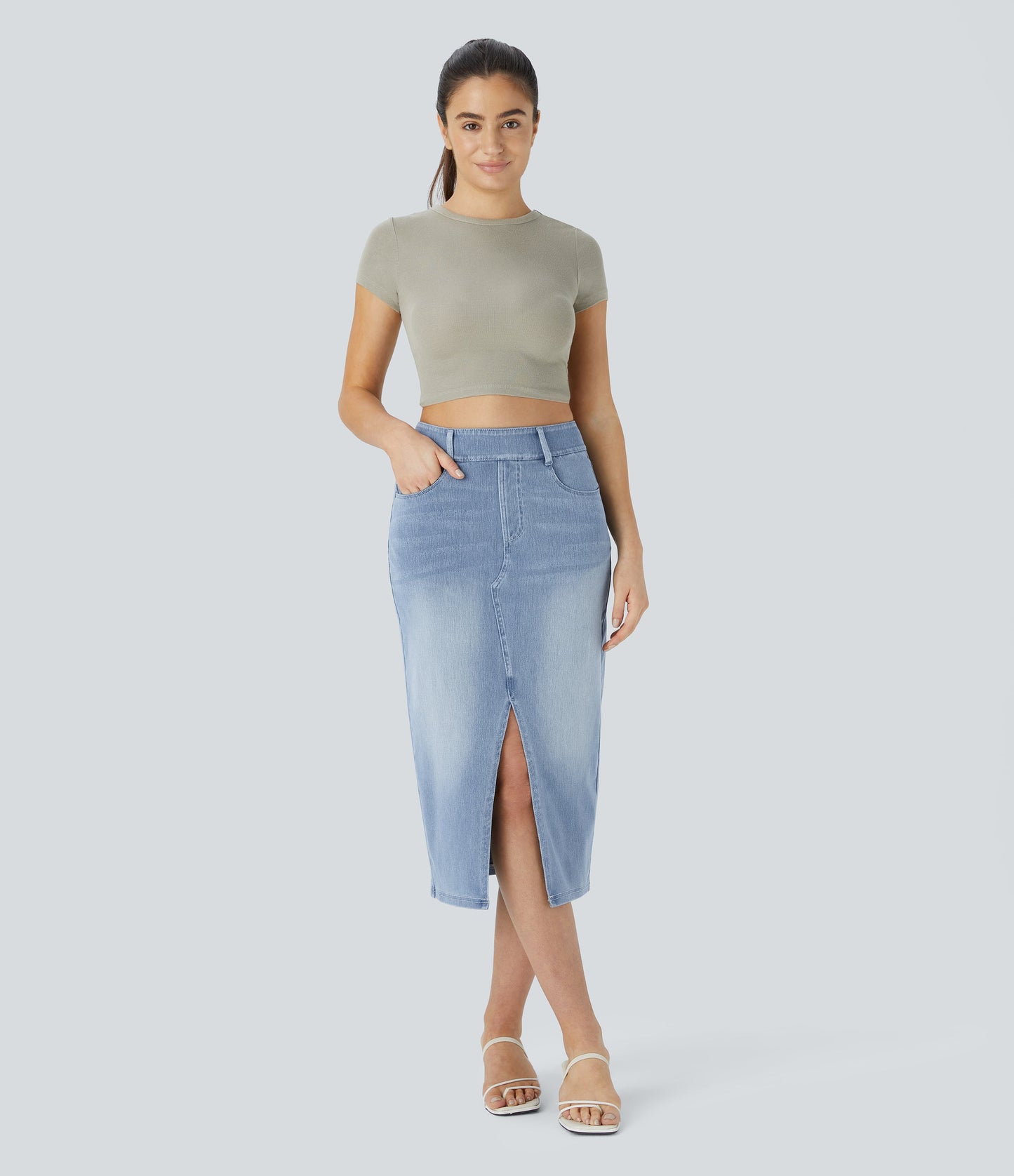 High Waisted Pockets Bodycon Washed Denim Casual Midi Skirt