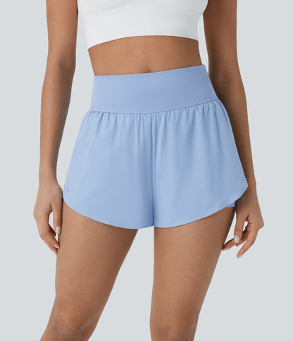 QuickDry High Waisted Reflective Dots Crossover Hem 2-in-1 Pockets Running Shorts