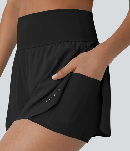 QuickDry High Waisted Reflective Dots Crossover Hem 2-in-1 Pockets Running Shorts