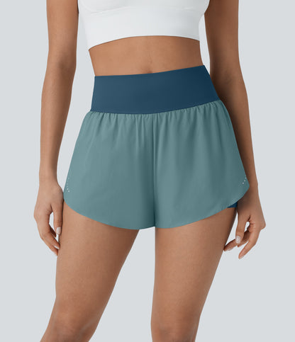 QuickDry High Waisted Reflective Dots Crossover Hem 2-in-1 Pockets Running Shorts