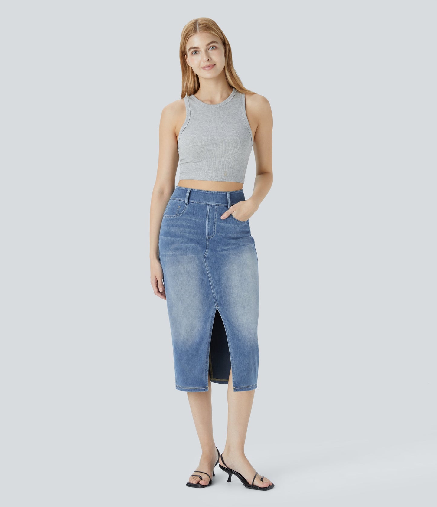 High Waisted Pockets Bodycon Washed Denim Casual Midi Skirt