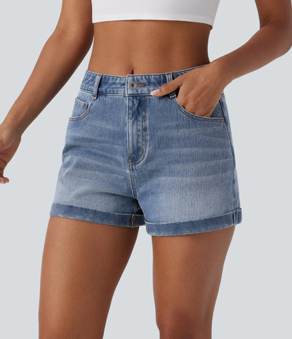 Mid Rise Zipper Pockets Denim Casual Shorts 3''
