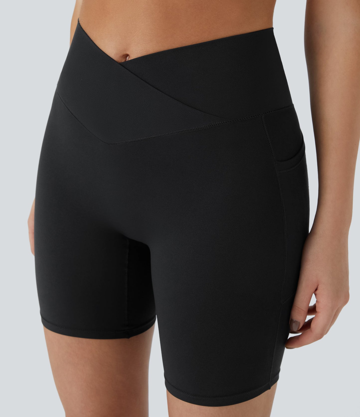 High Waisted Crossover Pocket Yoga Biker Shorts 7"-UPF50+
