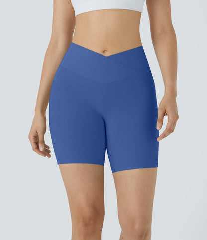 High Waisted Crossover Pocket Yoga Biker Shorts 7"-UPF50+