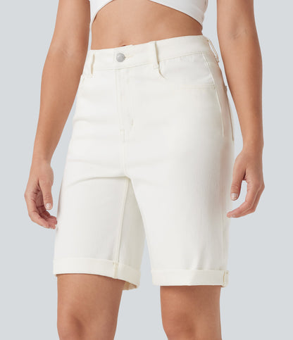 High Waisted Pockets Rolled Hem Washed Denim Casual Bermuda Shorts