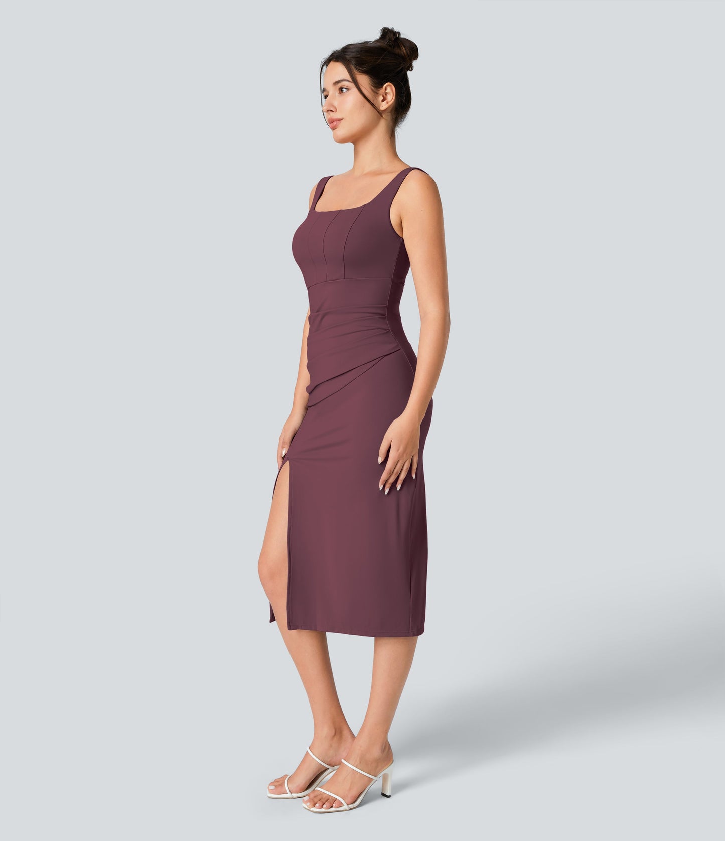 Square Neck Backless Corset Ruched Split Bodycon Midi Cool Touch Bridesmaid and Wedding Guest Dress