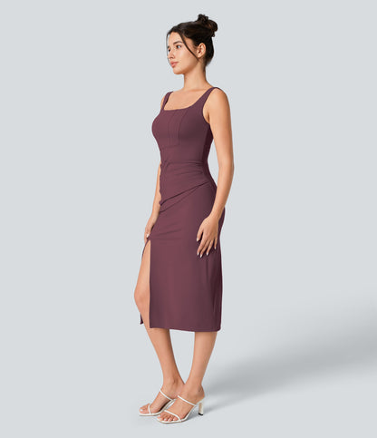 Square Neck Backless Corset Ruched Split Bodycon Midi Cool Touch Bridesmaid and Wedding Guest Dress